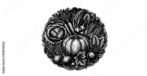 Vegetables linocut woodcut set monochrome harvest engraving vector illustration