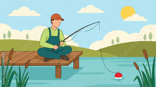Tableau sur toile Man fishing from a wooden pier in a tranquil natural landscape illustration