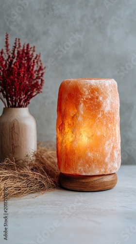 Himalayan Salt Lamp with Red Flowers and Dried Grass
