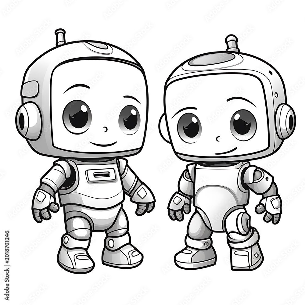 Fototapeta premium Two adorable cartoon robots standing side by side, depicted in a friendly, line-art style suitable for coloring.