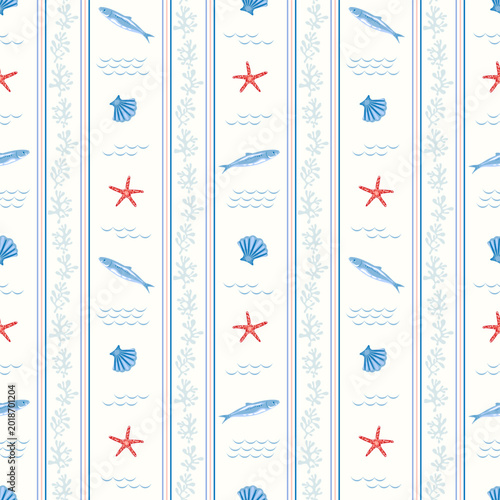 Nautical seamless coral motifs stripe pattern with blue color shells, fishes and starfish for summer beach design on white background. Coastal style textiles, wrapping papers, stationery seaside decor