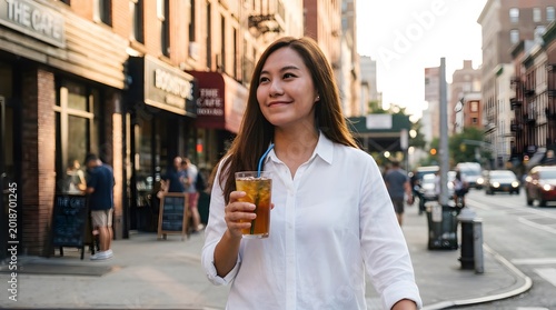 A happy young Asian woman walks along a bustling city street, holding a refreshing cold drink with a blue straw, enjoying the warm golden hour light.