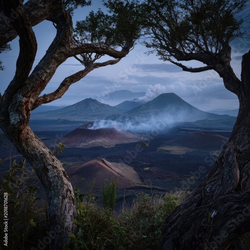 Volcanic Landscape with Active Craters and Distant Mountains