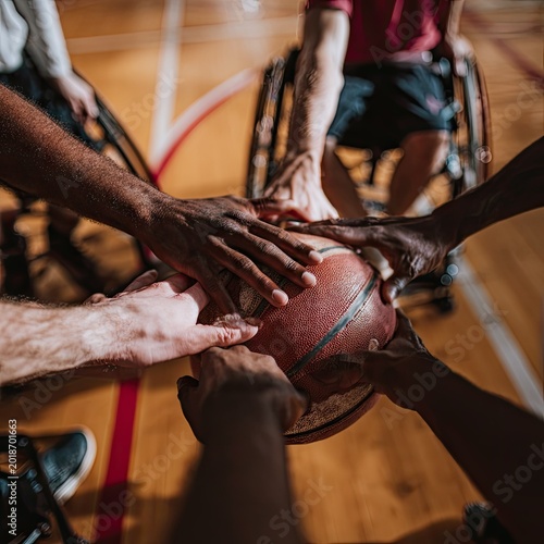Wheelchair Basketball Team Hands on Ball