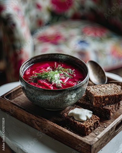 Borscht Soup with Dill and Sour Cream, Served with Rye Bread