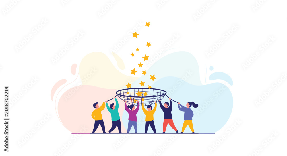 Fototapeta premium A group of people uses a large net to catch falling stars, representing collective success in a vibrant, flat illustration style on white.