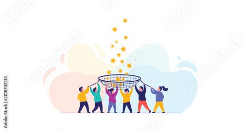 A group of people uses a large net to catch falling stars, representing collective success in a vibrant, flat illustration style on white.