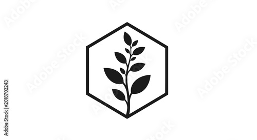 Minimalist hexagon icon featuring a single plant stem with leaves, isolated on white background