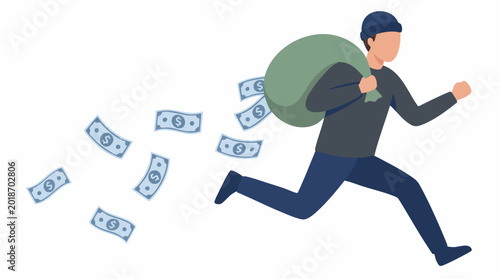 Tableau sur toile Cartoon thief running with stolen money bag, cash flying out