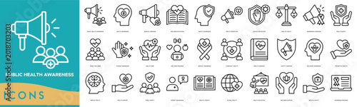 Public Health Awareness icon set. Health Awareness, Medical Campaign, Wellness Education, Safety Awareness, Health Promotion, Disease Prevention, Healthy Equity and Awareness Campaign