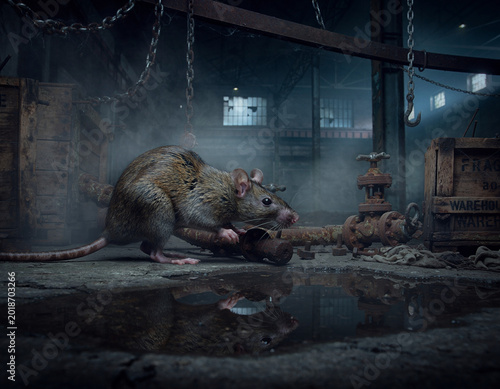 Large realistic rat inside abandoned industrial warehouse