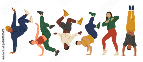 фотографія Breakdance people set performing street dance moves, hip hop culture icons, acti