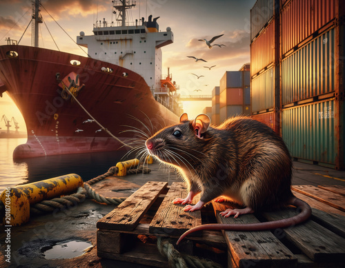 Large realistic rat sitting on shipping container dock beside cargo ship