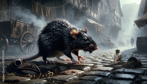Dark medieval plague rat surrounded by smoky atmosphere, abandoned city street