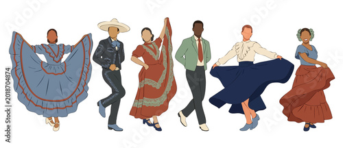 Tableau sur toile Mexican Folklorico Dancers Traditional Outfits Isolated Group Performance: Color