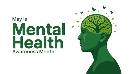 May is mental health awareness month with a green brain and birds illustration