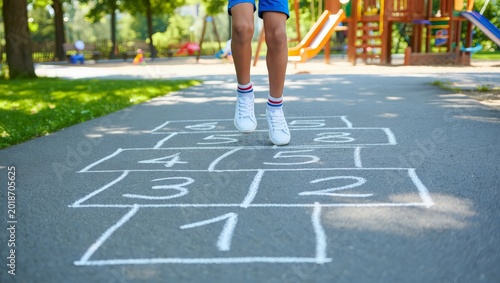 A young child plays hopscotch on a sunny day in a park with a playground in the background. The child is focused on the game, jumping from square to square with excitement and joy.