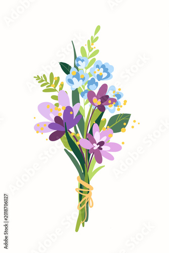 Colorful spring flower bouquet flat illustration, purple and blue blossoms with ribbon, floral greeting design, romantic gift idea, botanical decor, Mother's Day, Birthday or Valentine’s Day