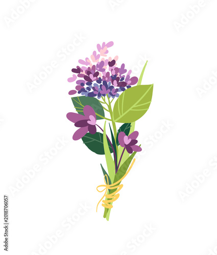 Purple floral mini bouquet flat illustration, isolated botanical decoration concept, delicate spring arrangement, elegant greeting design for Mother's Day, Wedding, Birthday or Valentine’s Day cards