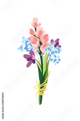 Minimal flower bouquet illustration with pink and blue blossoms tied with ribbon on white background, modern botanical greeting design, soft floral decoration, joyful spring gift idea, Mother's Day