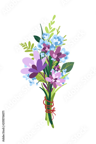 Elegant mini flower bouquet illustration, pink and violet spring blooms wrapped by ribbon, romantic floral arrangement, feminine decor for gift design, Mother's Day, Wedding decoration, Birthday card