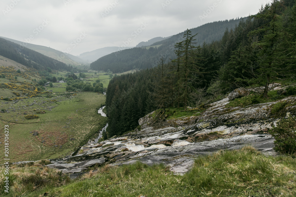 Fototapeta premium Misty mountain stream near Glenmacnass Waterfall in County Wicklow, Ireland. Wild Irish landscape in Wicklow Mountains National Park near Sally Gap.