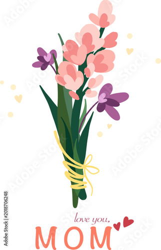 Pink floral bouquet flat illustration with handwritten love message for Mother's Day greeting card, romantic botanical design, heartfelt family appreciation, spring celebration, isolated on white
