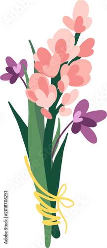 Small pastel flower bouquet illustration with pink blossoms and green leaves isolated on white, delicate botanical decoration, romantic spring floral design, Feminine gift concept for Mother's Day