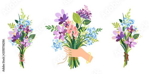 Collection of colorful Stylized floral bouquet flat illustrations, decorative botanical set for greeting cards and branding, cheerful spring flower arrangement for Mother's Day, seasonal celebration