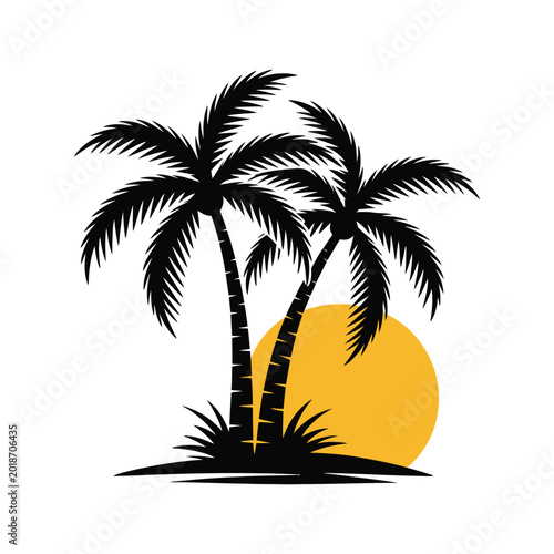 Palm tree sunset silhouette vector, tropical island beach landscape, summer vacation travel icon illustration.