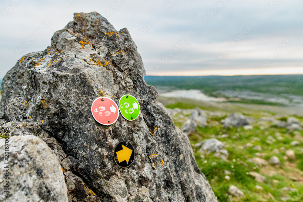 Fototapeta premium Limestone pavement landscape in Burren National Park, County Clare, Ireland. Wild karst scenery on the Wild Atlantic Way with views across the Irish countryside.