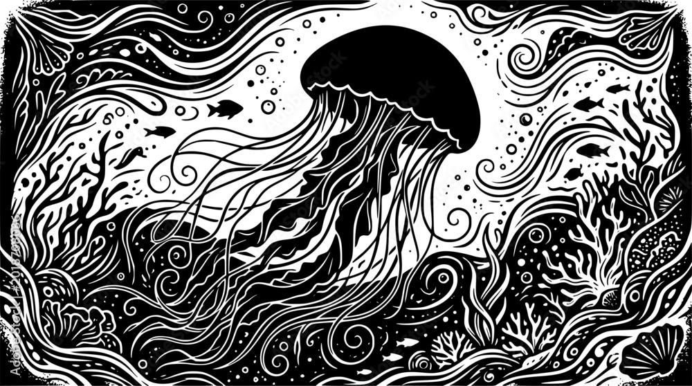 Fototapeta premium Jellyfish silhouette graceful stinging sea creature marine life illustration 