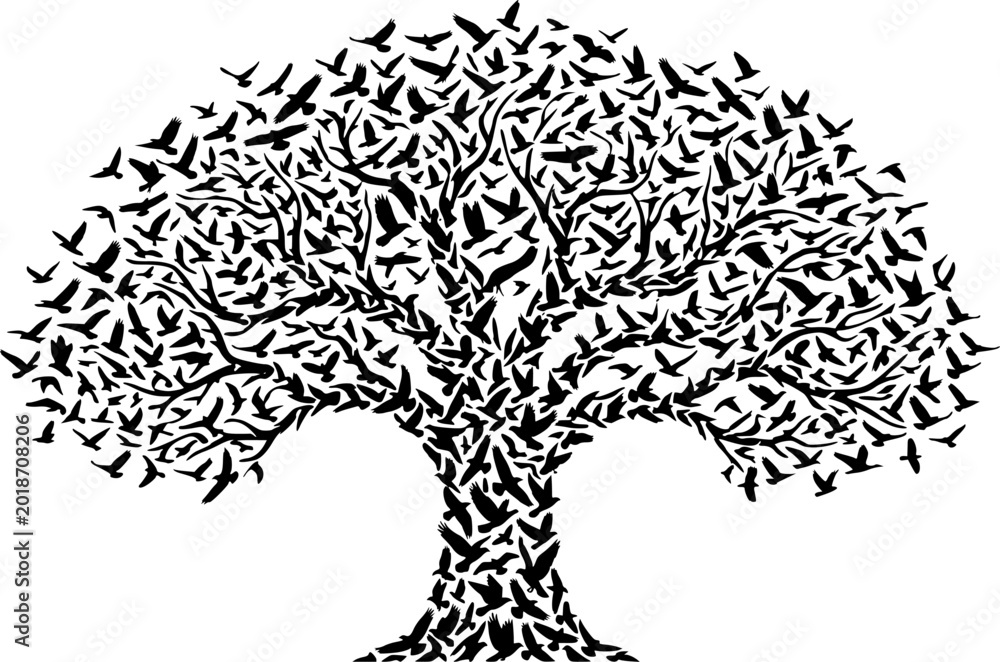 Fototapeta premium Conceptual Tree Illustration Formed by Hundreds of Flying Bird Silhouettes 