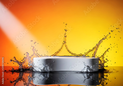 High-impact product display podium surrounded by realistic water splash effects and dramatic golden lighting designed for luxury commercial advertising visuals.