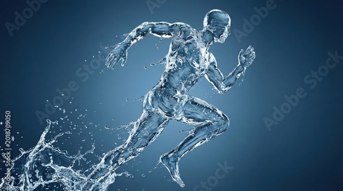 Conceptual illustration of a running man made of splashing water representing hydration and athletic vitality.