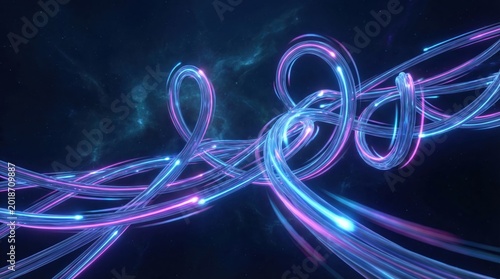 Abstract digital network visualization showing high speed fiber optic data transmission in a futuristic space environment.