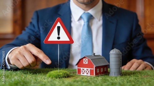 Businessman points to warning sign near miniature farm model on grass.