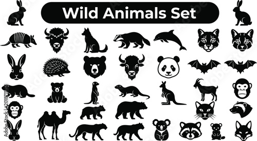 Canvas Print Large bundle of black silhouette icons featuring wild animals zoo fauna animal heads and nature wildlife elements isolated on white background