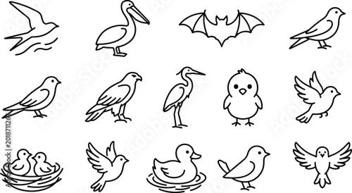 Tableau sur toile Set of minimalist line art bird icons featuring pelican heron duckling flying doves and bird nest isolated on white background