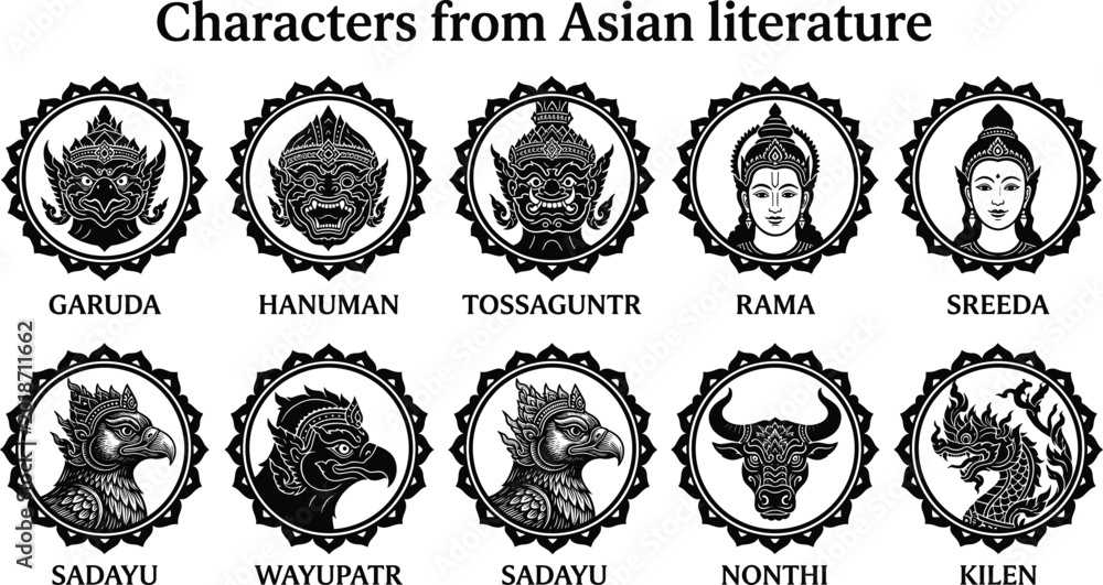Fototapeta premium Asian mythology character icons set featuring detailed black and white circular emblems isolated on white background.