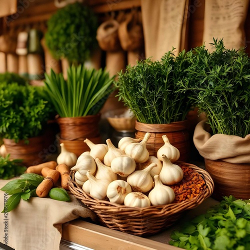 Rustic Market Display of Fresh Organic Garlic Bulbs and Green Herbs in Wicker Basket on Wooden Table