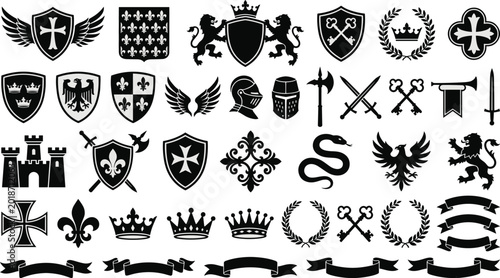 Obraz na plátně Medieval heraldry vector collection featuring black silhouettes of shields crests knights crowns lions swords and vintage ribbon banners