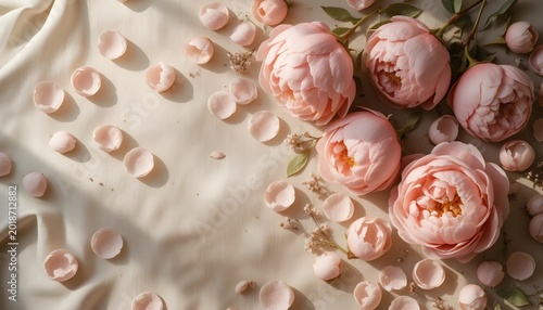 bloomed pink peonies and scattered peony petals arranged naturally across a smooth beige linen fabric background