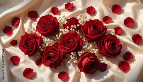 several fully bloomed deep red roses surrounded by scattered rose petals arranged naturally across a soft ivory satin fabric background