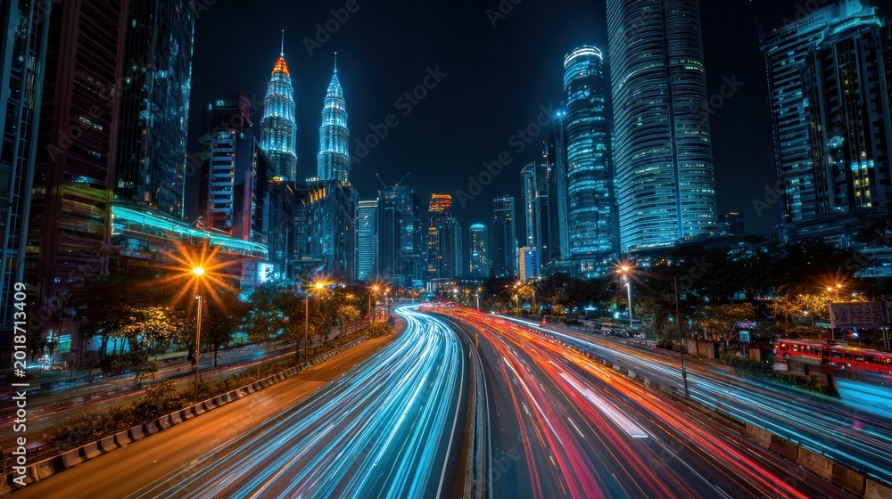 Fototapeta premium Cityscape with light trails at night