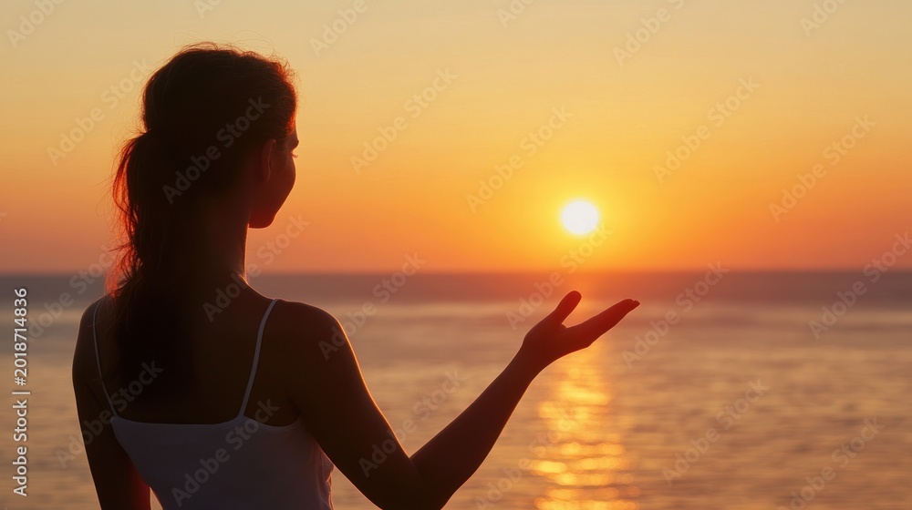 Fototapeta premium Silhouette of a woman reaching towards a setting sun over a body of water
