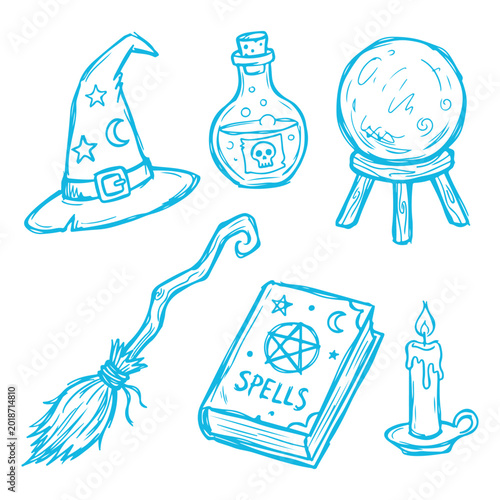 Fotografija Vector sketch of magic icons including a wizard hat, potion, crystal ball, broom, spell book, and candle