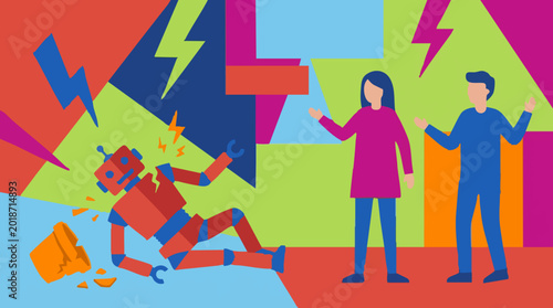 Photos AI failure, broken robot and concerned people abstract illustration
