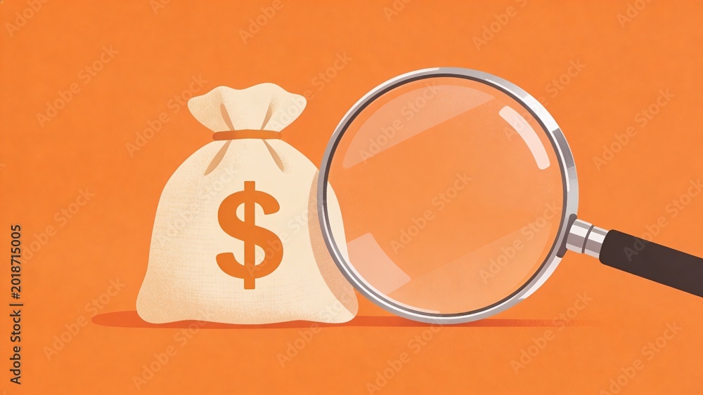 Fototapeta premium The image depicts a magnifying glass examining a money bag with a dollar sign.