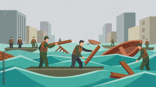 Tableau sur toile Urban flood disaster and rescue efforts with people in boats and debris